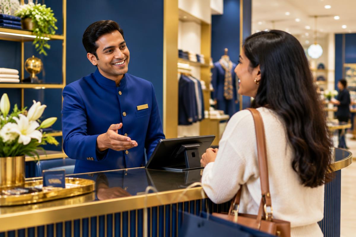 A shopkeeper warmly greeting a customer at the billing counter
