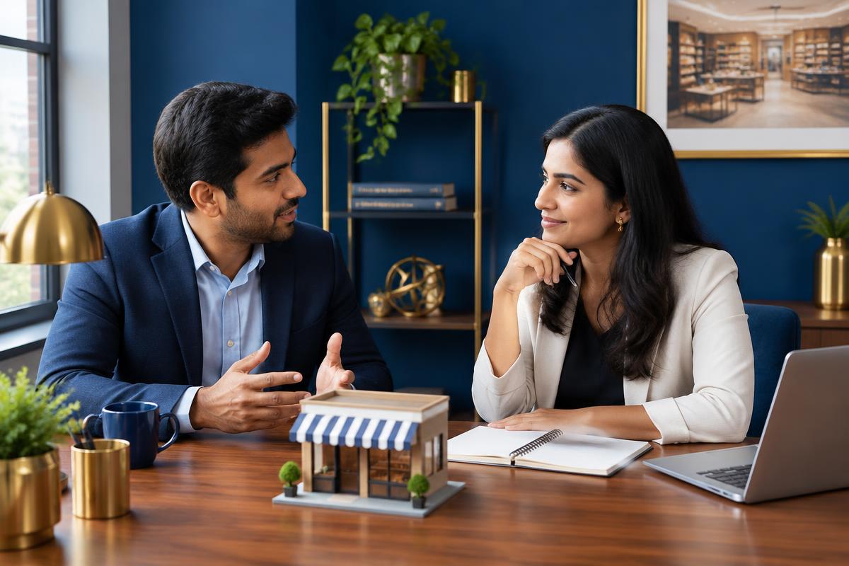Two retail entrepreneurs planning around a table with a shop model