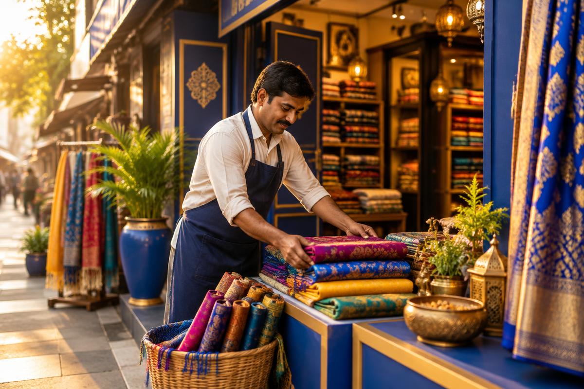 A shopkeeper arranging colourful fabrics outside a store front
