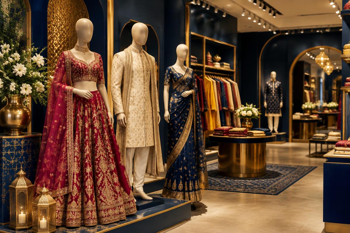 A boutique interior with styled mannequins and warm spotlights