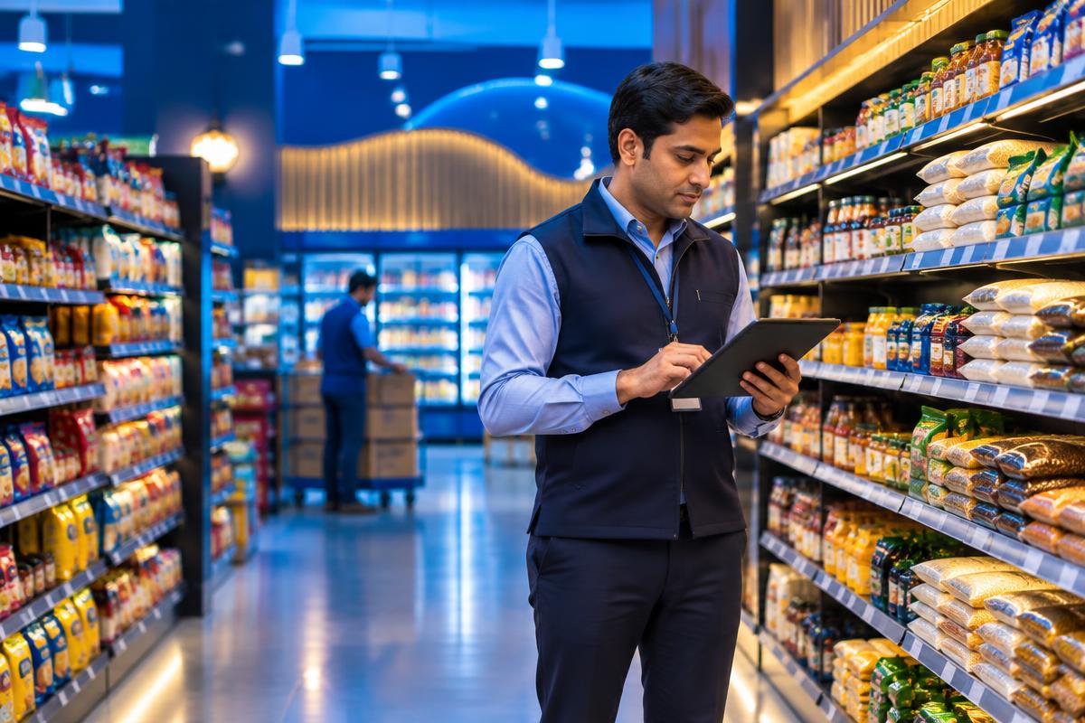 A store manager checking inventory on a tablet in a supermarket aisle