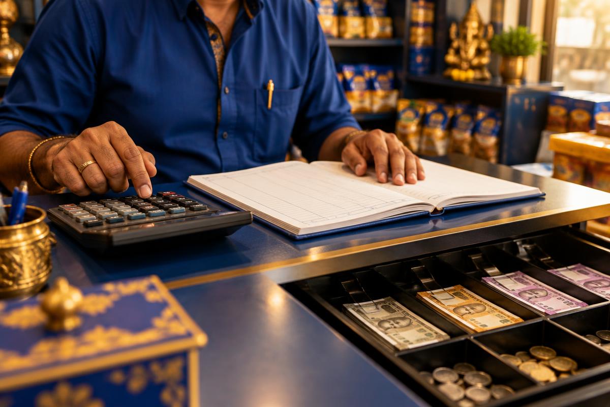 A shop owner's hands with a calculator and ledger beside a cash drawer