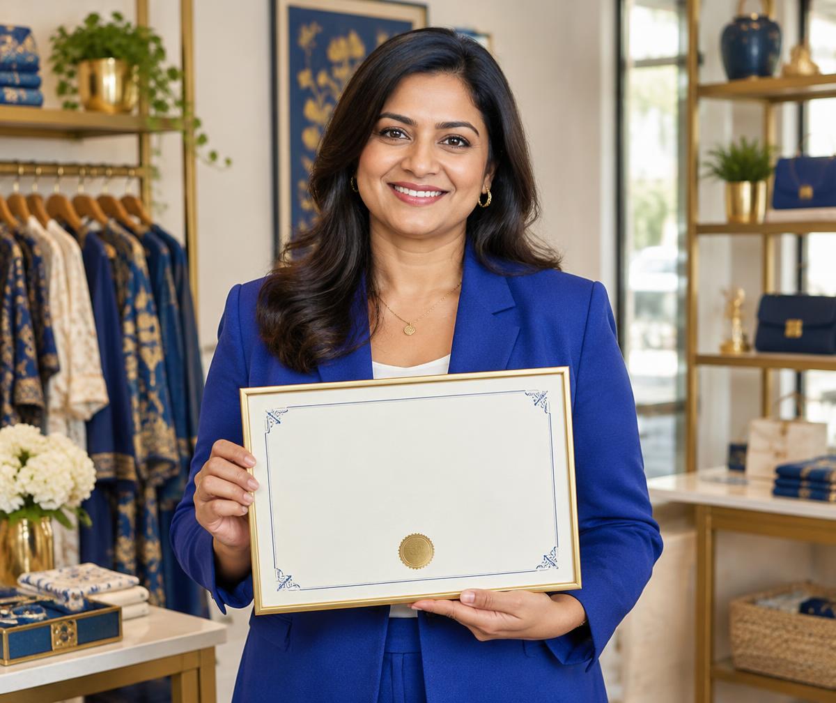 Illustration of a retail entrepreneur celebrating a learning achievement with a certificate